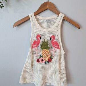 American Eagle Outfitters Cream Knit Tank with Flamingo